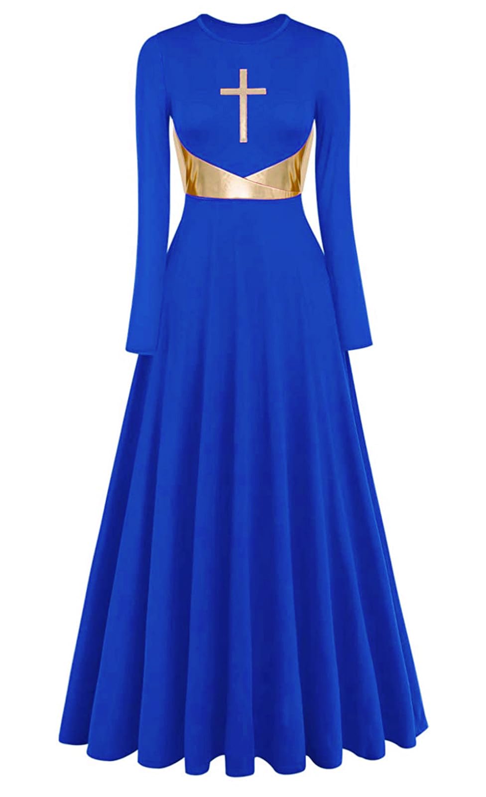 ELLYDOOR Womens Metallic Cross Worship Praise Dance Dress Full Length Lyrical Dancewear Church Liturgical Robe Dress, 015 Royal Blue, M