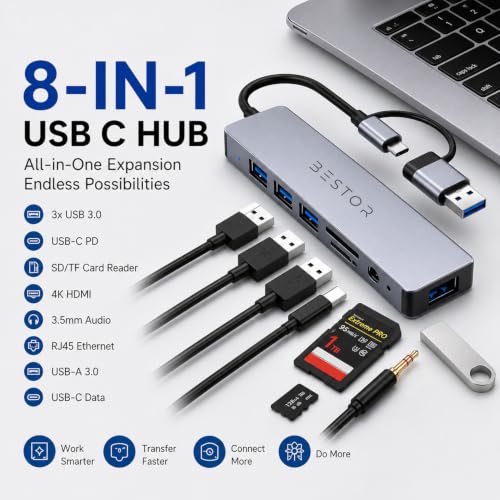 Image of Bestor 8-in-1 USB-C Hub Adapter with 3 USB 3.0 Ports, SD & TF Card Reader, AUX, Type-C PD Charging, USB-A & Type-C Dual Connector for Laptop, MacBook, PC