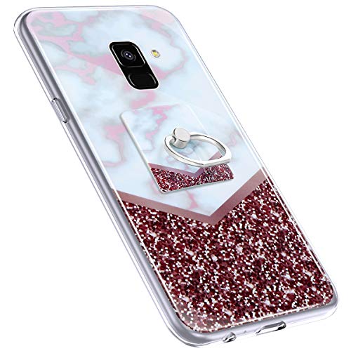 Urhause Cover Compatible with Samsung Galaxy A8 2018 Case Sparkle Glitter Bling Marble Case TPU Silicone Ring Holder Cover 360 Degree Rotation Ring Holder Kickstand Shiny Bling Shockproof Cover Red