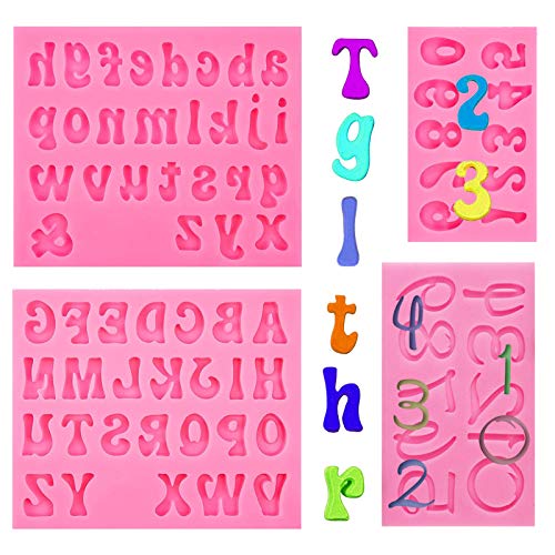4 Pieces Letters Silicone Molds Number Silicone Molds Uppercase Lowercase Silicone Fondant Mold 0-9 Number Chocolate Molds Handmade Soap Molds Ice Cube Tray for Baking Desserts