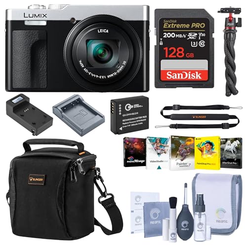 Image of Panasonic LUMIX ZS99 Black Compact Point and Shoot Digital Camera (DC-ZS99K) Bundle with - 128GB SD Card, Shoulder Bag, Sling Strap, Extra Battery, Tripod, Photo Video Software, Care Kit (Silver)