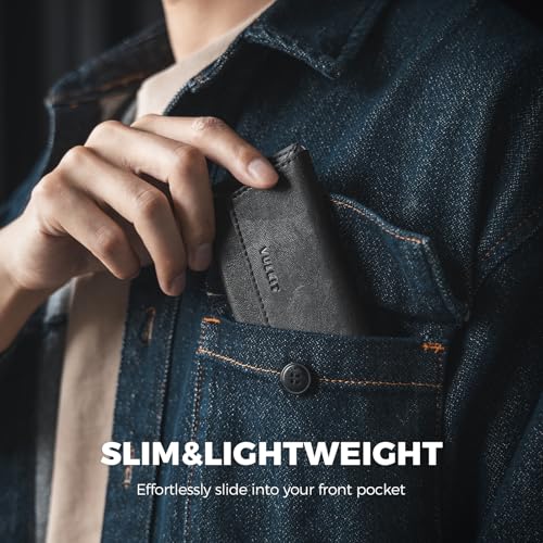 VULKIT Leather Business Card Holder Case for Men Slim Pocket Business Card Wallet Name Card Case Holder, Holds 20 Business Cards Black3