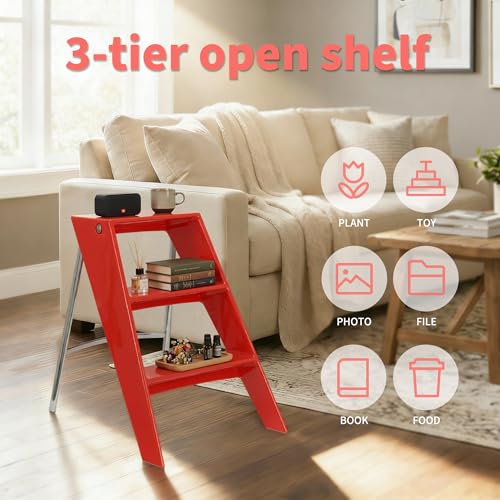 HOTEAGLE Modern Folding Chair - Multifunctional Design Doubles as Step Stool & Storage Shelf, Sturdy Engineering Plastic for Kitchen, Dining & Bistro,Red - image 8