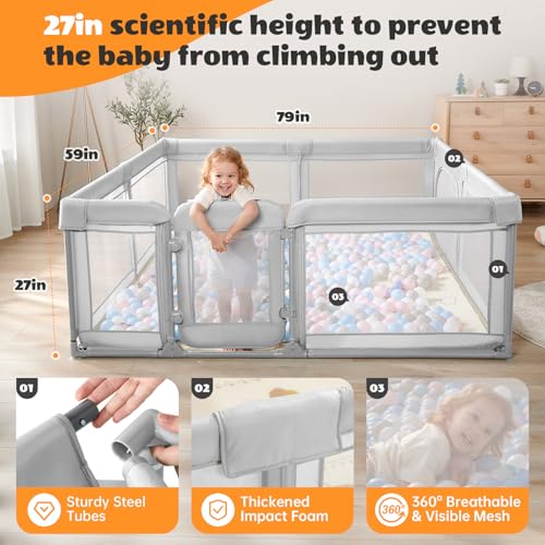 Image of Baby Playpen,Extra Large Playpen for Babies and Toddlers, Sturdy Play Pen Play Yard with Safety Gate,79 inchx59 inchBaby Play Pen(Light Grey)