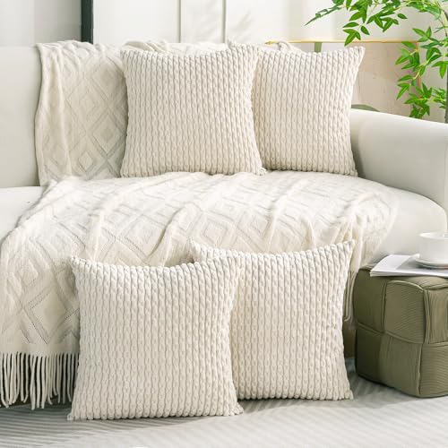 Set of 4 Cream White Decorative Throw Pillow Covers 26x26 Inch Corduroy Pillow Covers for Bed Couch Sofa Living Room Soft Square Cushion Cases