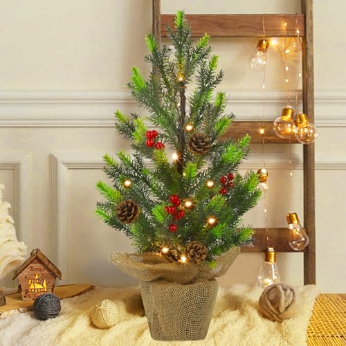 Juegoal 24Inch Pre-lit Christmas Pine Tree, with Warm White Fairy Lights Tabletop Artificial Tree, Small Light up Pine Tree with Burlap Base for Xmas, Spring Home Decorations