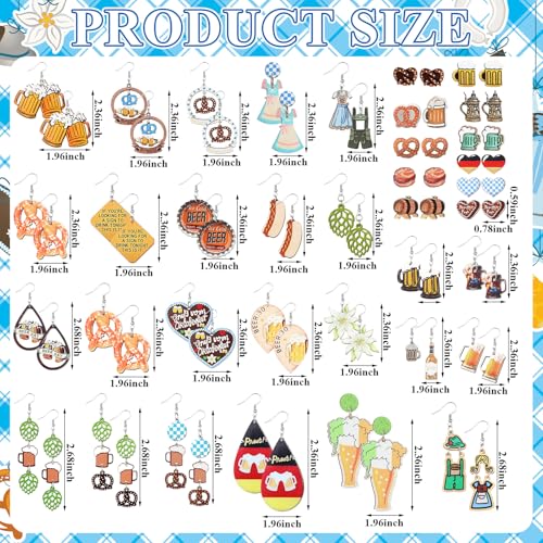 Nosiny 36 Pairs Oktoberfest Earrings, German Beer Festival Salted Pretzel Beer Mug Earrings Funny Cute Drop Dangle Oktoberfest Creative Costumes Outfits Accessories Festival Jewelry Gifts for Women2
