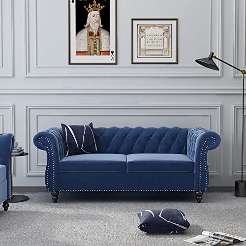 Image of ORRD Chesterfield Loveseat, Modern Velvet Sofa Tufted Couch 2 Seater with Scroll Arms and Nailhead for Living Room, Bedroom, Office, Apartment (Blue)