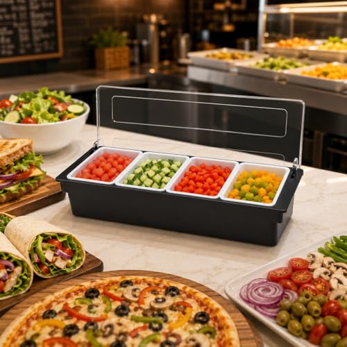 Image of 4-Compartment Condiment Dispenser with Lid | Salad Bar Container for Restaurant, Buffet, Catering & Home Use | Food Prep Station Organizer with Removable Containers