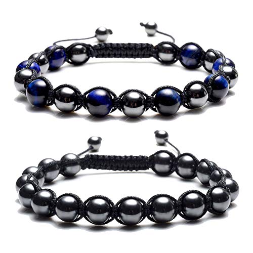 Top Plaza Men's Women's Reiki Healing Energy Natural Tiger Eye Stone Magnetic Hematite Therapy Beads Macrame Adjustable Braided Link Bracelet(Blue Tiger Eye + Magnetic Hematite Beads)