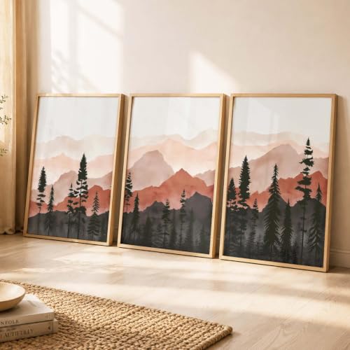 Image of kotart Decorative Mountain View Framed Painting | Big Aesthetic Nature Inspired Framed Paintings for Living Room Bedroom Wall Decor Set Of 3