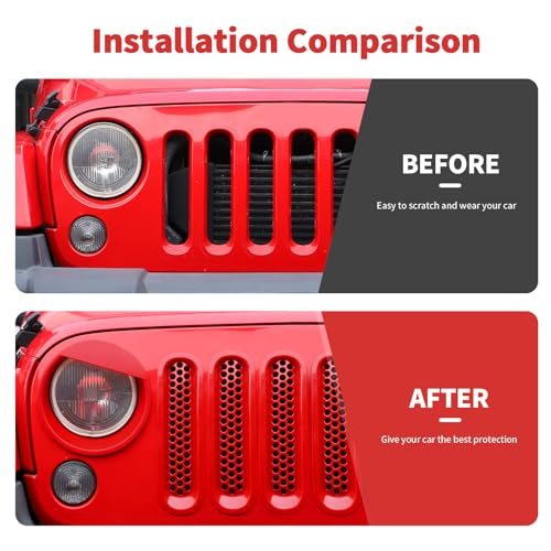 Image of Mesh Grille Grill Insert+ Headlight Turn Light Cover Trim Fit for 2007-2018 Jeep Wrangler JK JKU Style A(Red)