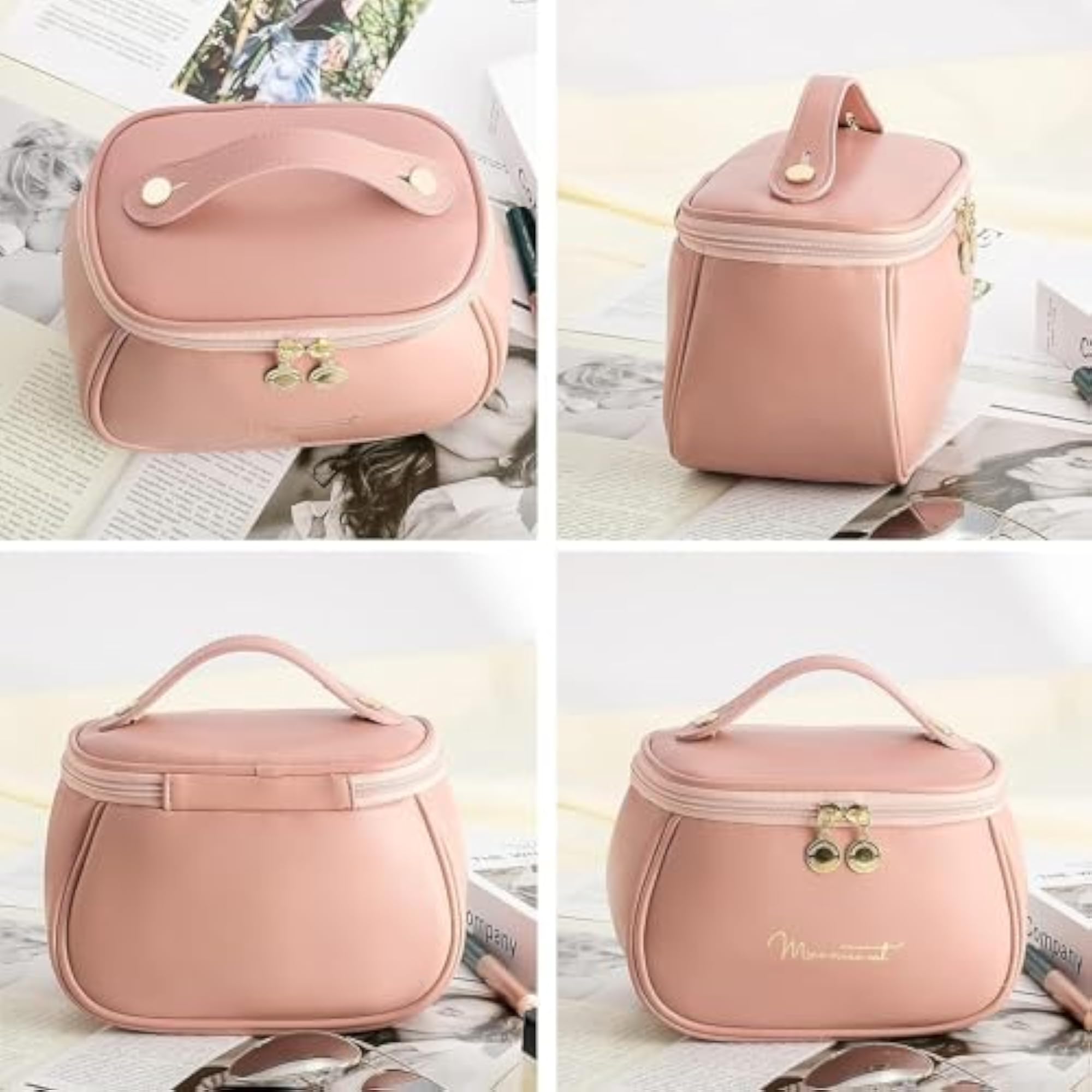 Luxury Pink Leather Travel Cosmetic Case with Multi-Pockets