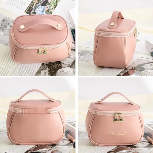Image of Travel Makeup Bag for Women Large Cosmetic Organizer Case with Handle & Zipper, PU Leather Toiletry Storage Pouch Portable Vanity Bag for Makeup Accessories, Beauty Essentials and Travel Use