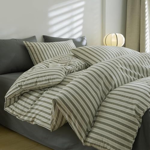 Image of LifeTB Full Size Comforter Set Grey Striped Comforter Set, 3 Pieces Retro Stripes Pattern Printed Comforter with 2 Pillowcases, Fluffy Soft Lightweight Breathable Striped Bedding Set for All Seasons