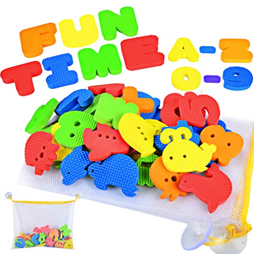 Image of JOYIN 51PCS Foam Bath Stickers Set with Mesh Bath Toy Organizer, Including 26 Letters, 10 Numbers, 8 Sealifes and 6 Transportations, Bathtub Foam Stickers Toy Storage Net for Baby Toddler Kid Shower Time