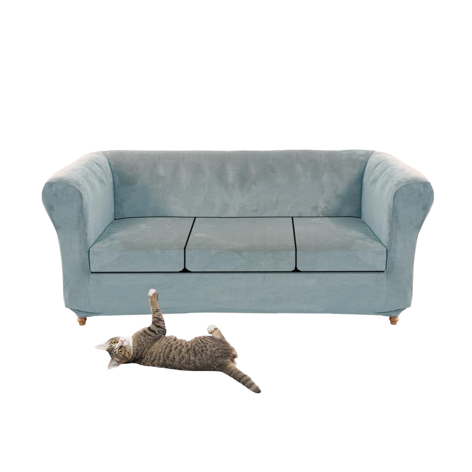 SYLC Stretch Velvet Chesterfield Sofa Cover, Couch Cover with Seat Cushion Cover for Curved Settee Armchair Vintage Style (Light blue,Sofa+3 Small Seats)