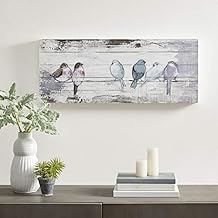 Madison Park Perched Birds Wall Art Living Room Decor - Hand Painted Wood Plank, Home Accent Farmhouse Bathroom Decoration White/Grey,30"W x 12"H x 1.5"D