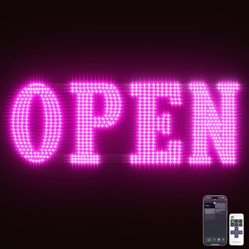 Image of Open Sign for Business, 30 inchx10 inch Jumbo Open Sign with Timer and Remote Control, Dynamic Light Modes Led Signs for Storefront Window Bar Salon Cafes Retail Shops Pink