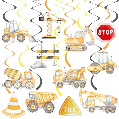 20pcs Construction Party Hanging Swirls Dump Truck Birthday Party Decorations Construction Theme Hanging Foil Whirls Ceiling Streamers for Traffic Zone Birthday Party Baby Shower Supplies