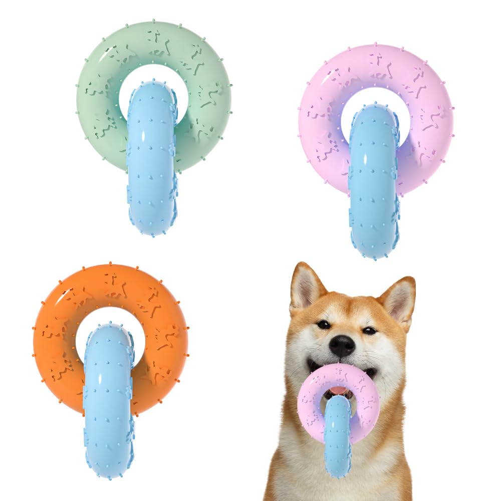 CARPJZ 3PCS Dog Dental Chew Toys Double Rings, Teeth Cleaning Grinding Toy with Massage Bumps for Large Medium Small Dogs