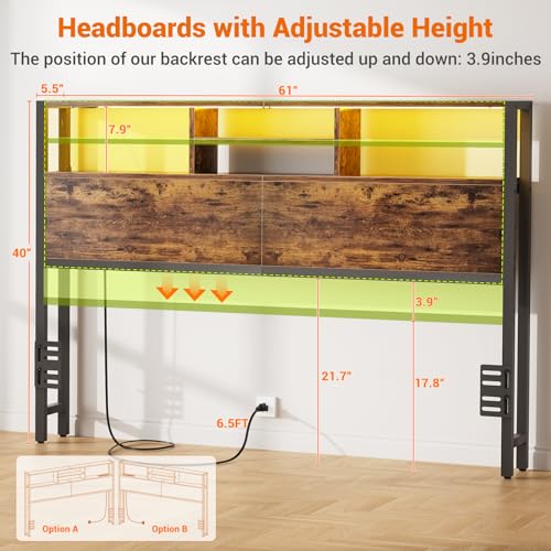 Image of Aheaplus Headboard for Queen Size Bed with Storage, Headboards with Outlets | Queen Size Head Board Only, USB Ports and LED Light, Height Adjustable, Reversible, Sturdy and Stable Headboard, Rustic Brown