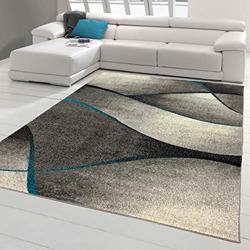 Teppich-Traum moderner Wohnzimmer Teppich Wellen Design in blau grau anthrazit - pflegeleicht & strapazierfähig (Ökotex) Größe 120x170 cm Cover