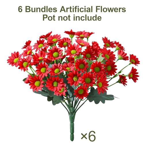 Image of HyeFlora Artificial Mums for Outdoors Fall Decor, 6 Bundles Fake Flowers UV Resistant Realistic Faux Flowers Bouquet Silk Flowers for Outside Planter Porch Patio Garden Yard Balcony Home, Red