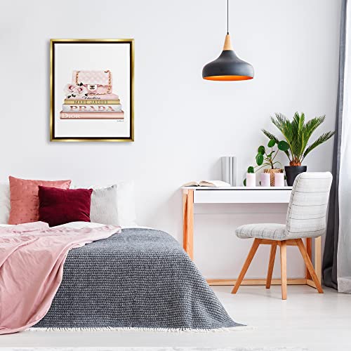 Image of Stupell Industries 'Pink Purse Gold Bookstack'| Floating Frame Canvas Art | Stupell Industries | Gold, 25 x 31 Inches, Easy to Hang and Sturdy, Made in USA, by Amanda Greenwood