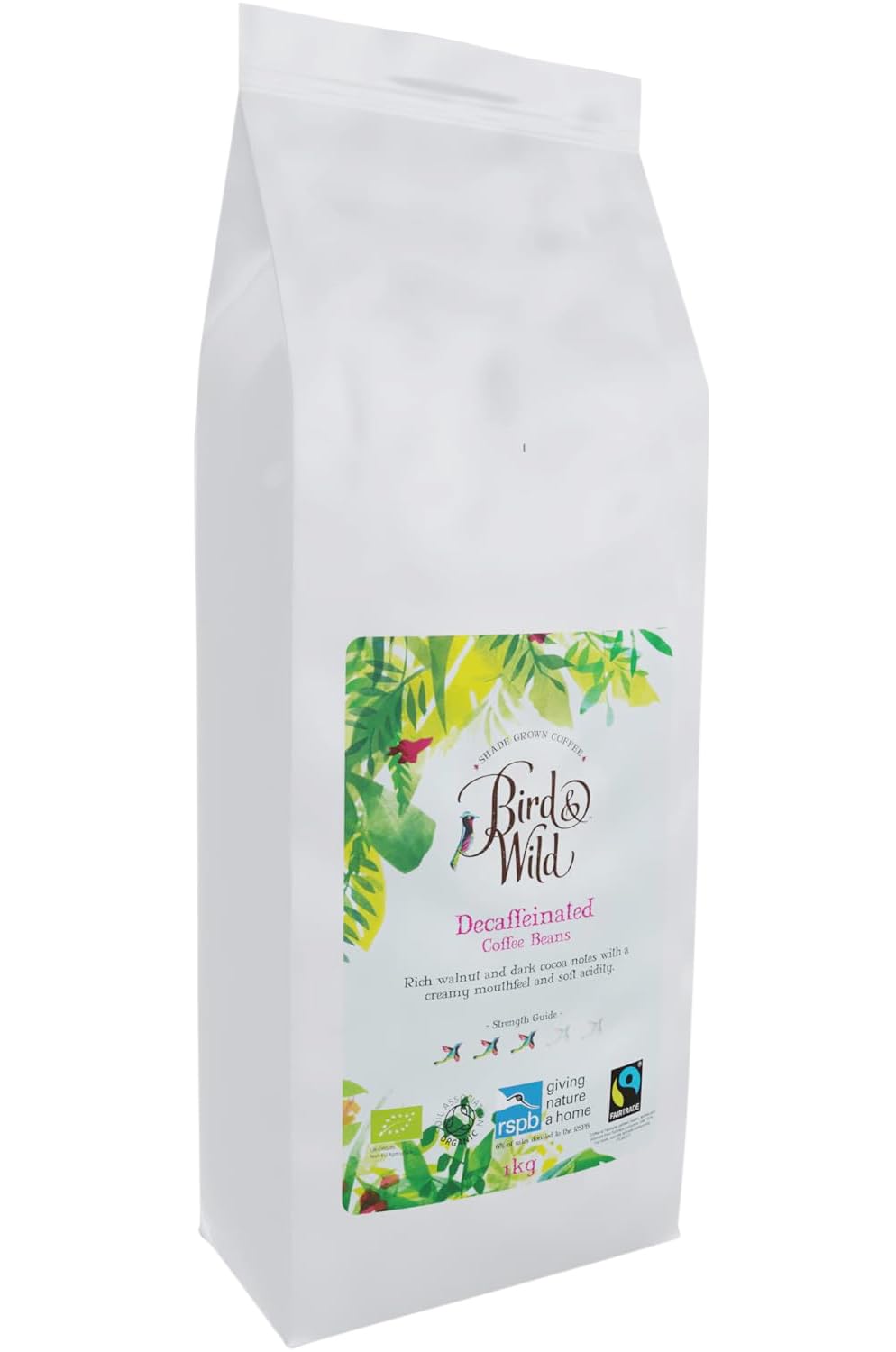 Fairtrade Organic Decaf Coffee Beans 1kg - Swiss Water Decaffeinated Process - All Machines - Donation to RSPB - Strength 3 - Medium Roast - 100% Arabica