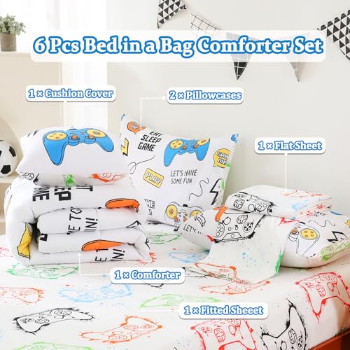 Image of 6 Pcs Bed in A Bag Gaming Full Size Comforter Sets for Boys,Gamer Bedding Set,Game Console Full Comforter Set with Sheets for Kids Teens