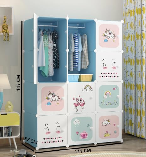 Image of 12 Door Plastic Wardrobe for Kids - Cupboard for Clothes Storage Rack, Almirah for Clothes, Baby Collapsible Wardrobe, Multi-Purpose Kids Storage Organizer for Books,Toy (Blue-KTK2, 12-Door)