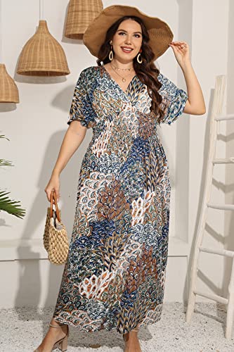 OSTOO Women's Plus Size Hawaii Empire Waist Bat Short Sleeve Casual Floral Print Boho Maxi Dress4