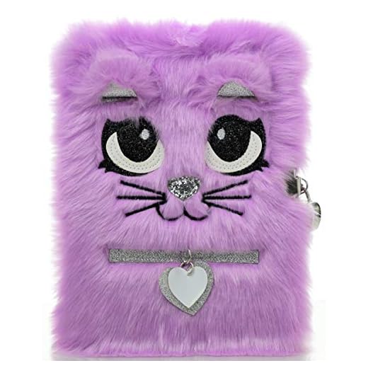 Busy Kid Plush Diary with Lock for Girls Glitter Kitty Notebook for Kids (Purple)