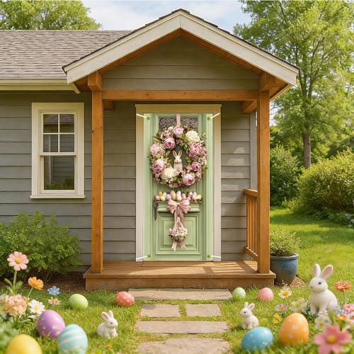 Image of Easter Door Cover 35.43 x 70.87 Inch Elegant Pink Floral Door Scene with Peony Wreath Bunny Accent Decorative Egg Arrangement and Soft Pastel Details for Seasonal Spring Door Decoration