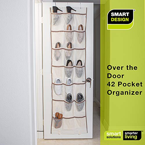 Smart Design Over-The-Door Organizer w/ 42 Pockets w/ Elastic Trim & Hanging Hooks - VentilAir Mesh Fabric - Shoes, Pantry, & Closet Storage - Home Organization (21 x 73 Inch) [Beige w/ Brown] - Thumbnail 5