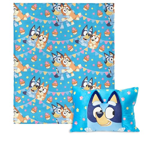 NORTHWEST Bluey Party Pups Silk Touch Throw Blanket 50 x 60 Inches with Plush Pocket Pillow 14 x 20 Inches - Comfy & Cozy Bluey Blanket & Pillow Set for Boys and Girls