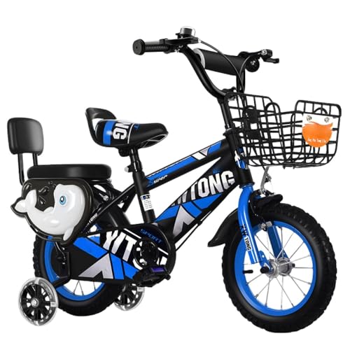 JoFist 子供用自転車、高炭素鋼製、補助輪、フェンダー、バスケット付き、12/14/16/18/20インチ、お子様の誕生日プレゼントに最適です (青色バックレストモデル(点滅ホイール + ガードレール付き),14インチ)