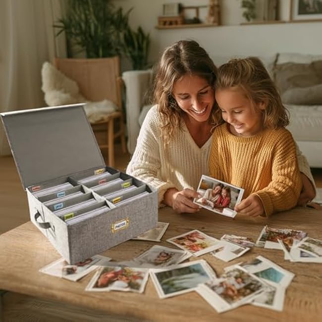 Decorative Photo Storage Box with lid 4x6, 8 Inner Photo Organizer with Dividers, Memory Storage Box for Pictures, Stamps, Keepsakes (Gray)