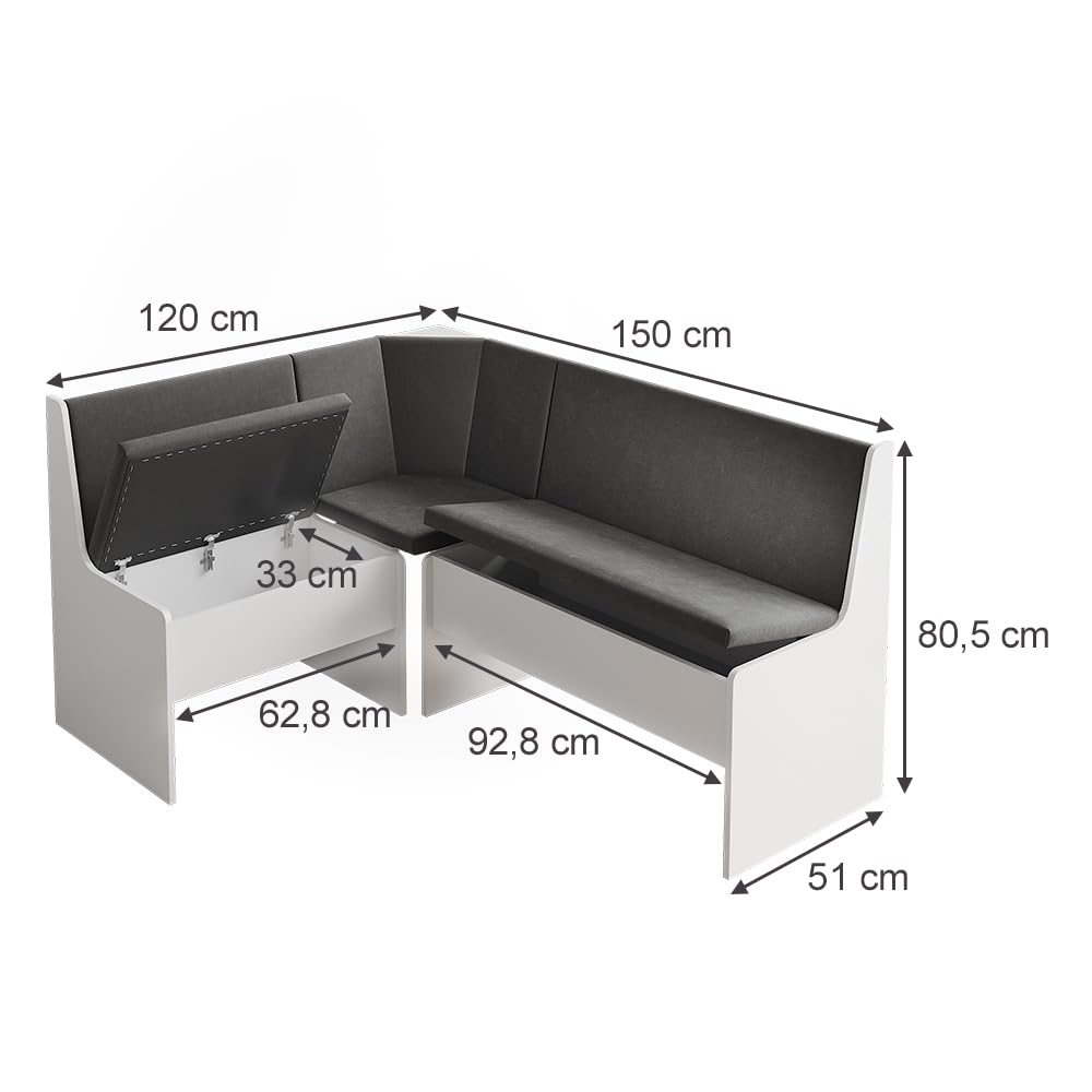 Vicco Gruppo panca ad angolo Ramon, Bianco, 150 x 51 cm con spazio di archiviazione, con vano portaoggetti sotto la seduta per spazio aggiuntivo