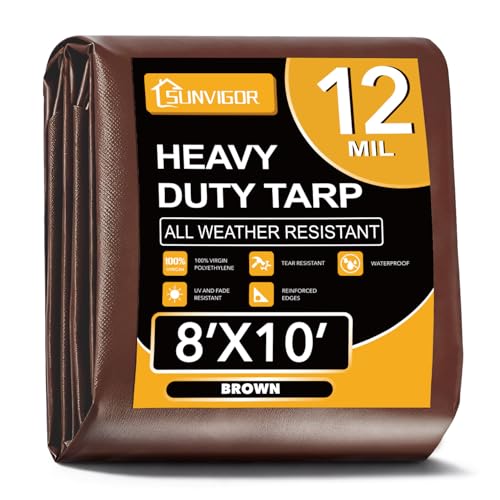 Sunvigor Tarp Waterproof 8x10Ft Extra Thick 12 Mil Heavy Duty Tarp Cover Tear & Fade Resistant Outdoor Tarps with Brass Grommets and Reinforced Edges for Roof Camping Patio Boat (Brown)