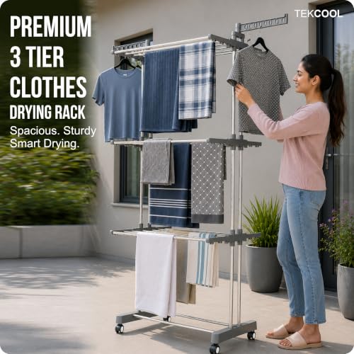 Image of TEKCOOL Foldable Cloth Drying Stand Stainless Steel - 3 Tier Heavy-Duty Clothes Dryer for Balcony, Indoor & Outdoor Use | with Wheels & Hanger Slots | Rust-Proof Laundry Rack (Grey, 3 TIRE)?.