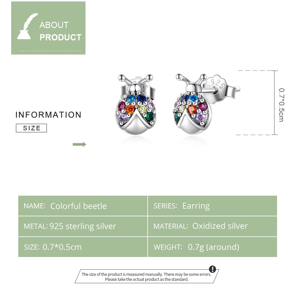 YDYDTTKD 925 Sterling Silber Tier Ohrringe Zirkon Bunte Biene Käfer Stud Frauen Mädchen Minimalistischen Niedlichen Schmuck