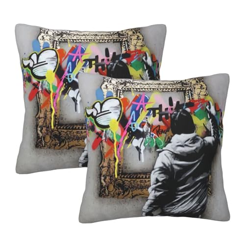 枕カバー Banksy バンクシー クッションカバー 2枚セット 座布団カバー まくらカバー おしゃれ 可愛い ソファ背当て 抱き枕 インテリア飾り オフィス 部屋飾り 四季通用 50X50cm