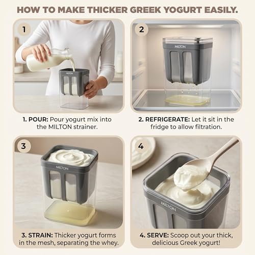Image of MILTON 2 in 1 Greek Yogurt & Hung Curd Maker with Fine Mesh Strainer & Lid | Whey Separator | Hung Curd Strainer Box | for Homemade Yogurt, Curd, Paneer, Cheese & More | 1100ml | Grey