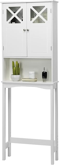 RELAX4LIFE Over-The-Toilet Cabinet, 3-Tier Washing Machine Storage Rack with Adjustable Shelf & 2 Doors, Floor Standing Bathroom Laundry Storage Unit