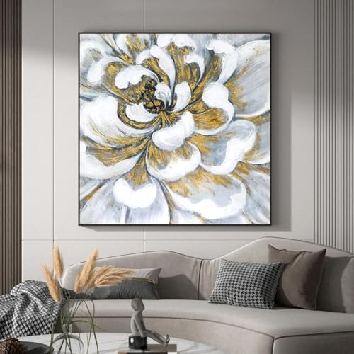 Tableau abstrait fleur blanche et feuille d'or, impression sur toile premium - 2