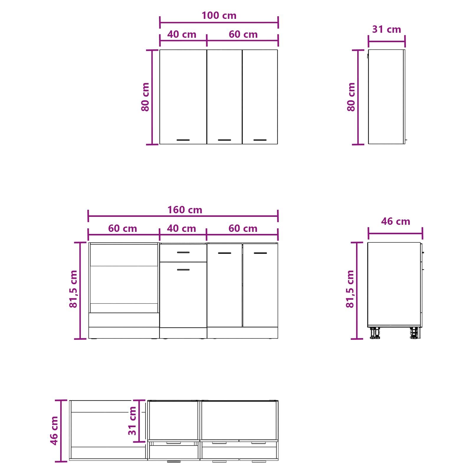 Küchenzeile Lyon 5-teiligmodern Küchenblock ohne Arbeitsplatte Küchenschrank Set für Herd Spüle Küchenmöbel aus Holzwerkstoff für Miniküche Sonoma-Eiche