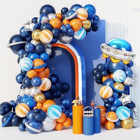 Ouddy Party 139Pcs Outer Space Party Decorations Balloon Garland Kit, Space Birthday Party Supplies UFO Astronaut Themed Navy Blue Silver Foil Latex Balloons for Boys Kids Cover