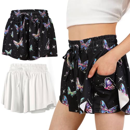 Girls Butterfly Shorts 2 in 1 Flowy Shorts with Pockets Quick-Drying Tennis Gym Cheer Skirt Athletic Shorts 5-14Y
